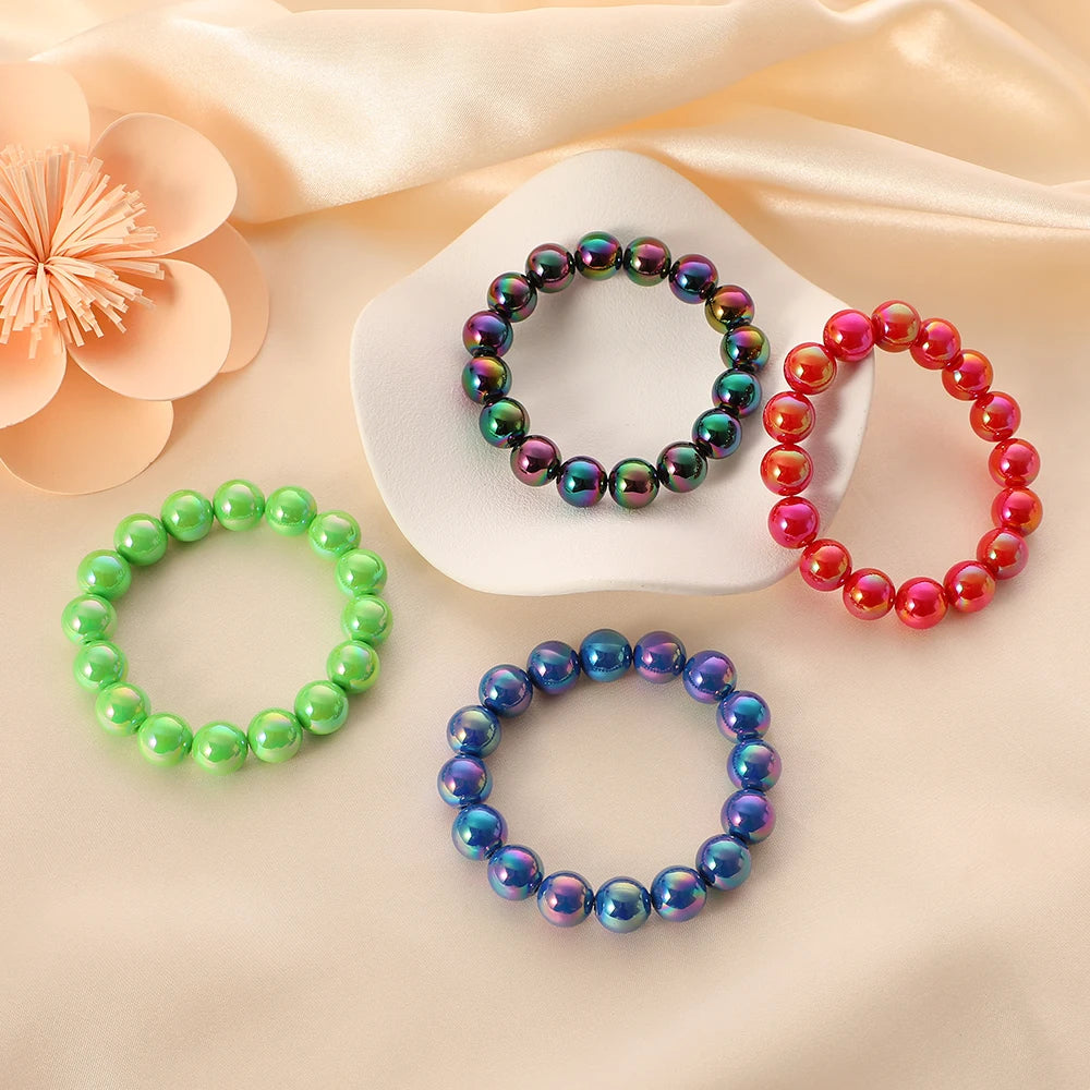 Summer Cute Smoooth Rainbow Color 11mm Beads Bracelet Muti-color Fancy Acrylic Beaded Elastic Colorful Bead Bracelets