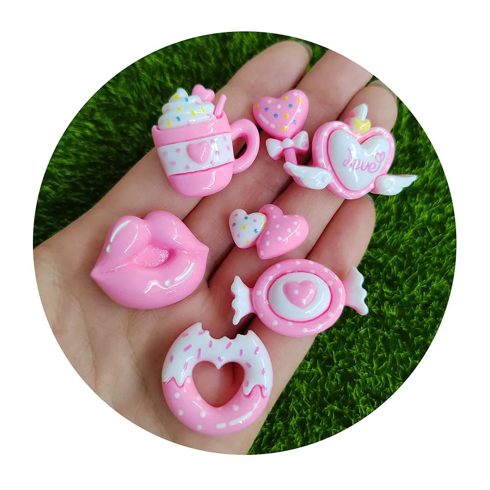 100Pcs/Lot Red Blue Cabochons With White Polka Dot Cute Donut Heart Lollipop Lips Candy Ice Cream Crafts for Phone Case Decor