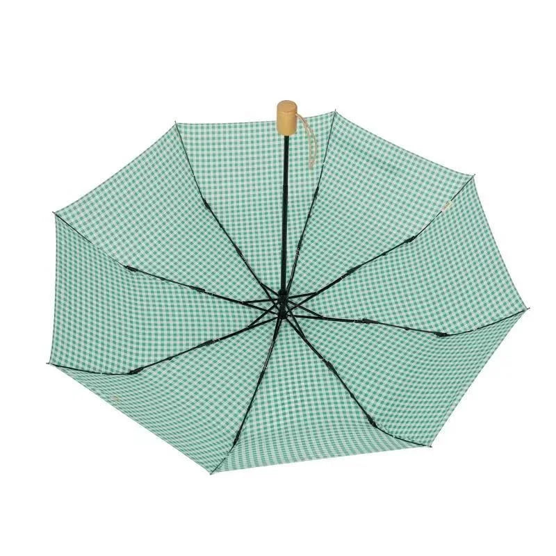 Classic Design 3-Fold Folding Umbrella with Frosted Wood Handle Strong Windproof Manual Open Close for Adults