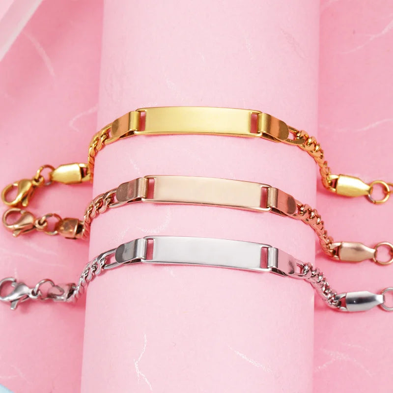 Wholesale Custom DIY Engraved Name 18K Gold Plated Bar Bracelet Stainless Steel Jewelry for Kid
