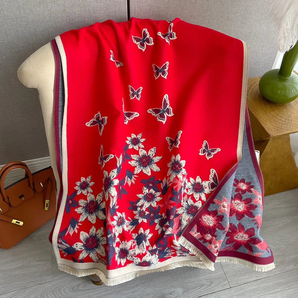 Korean Style Solid Colorful Flower Pattern Lady Winter Wear Warm Scarves Fashion butterfly Pashmina Shawls Women Cashmere Scarf