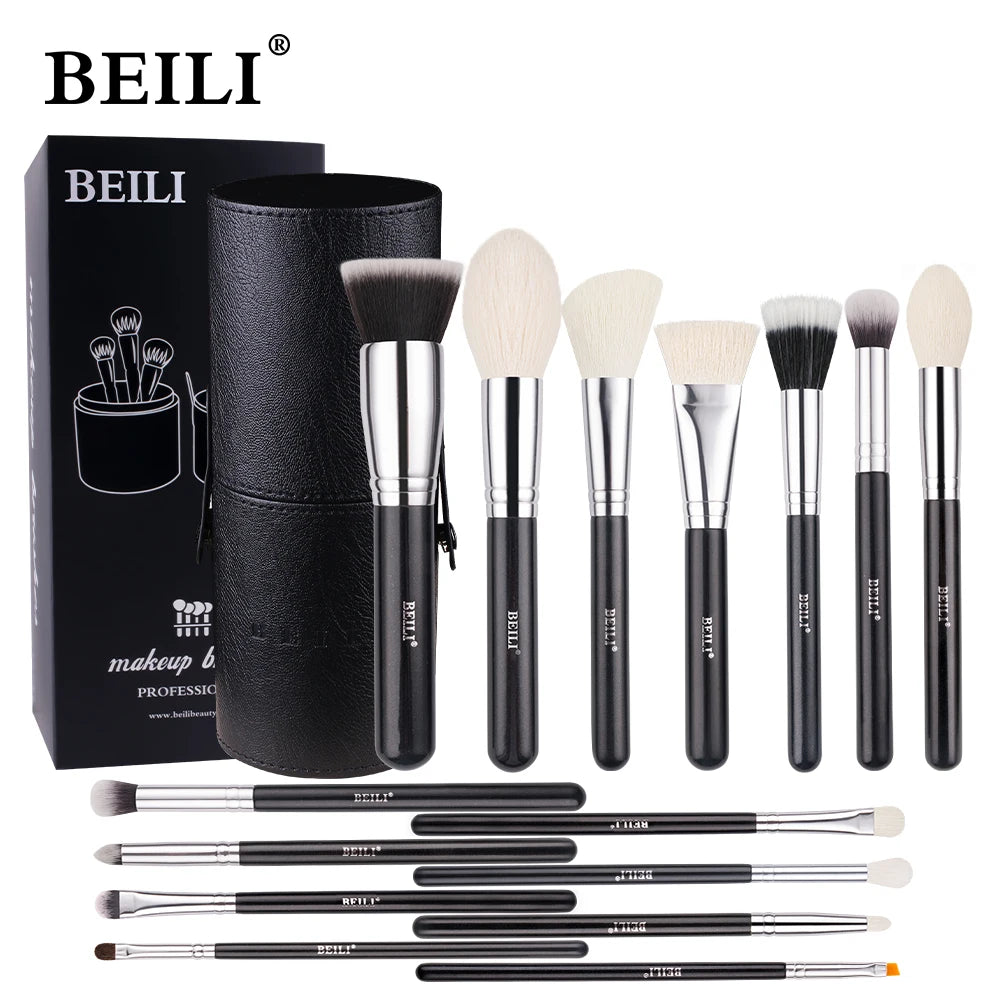 BEILI Black 15pcs Makeup Brush Set Goat Hair Cosmetic Custom Makeup Brushes