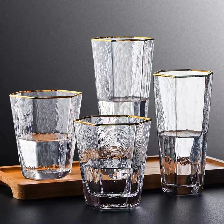 Nordic Style Hexagonal Glass Water Cup Light Luxury Gold Rimmed Hammer Tea Cup Creative Leak Proof Custom Logo Unisex Drinkware