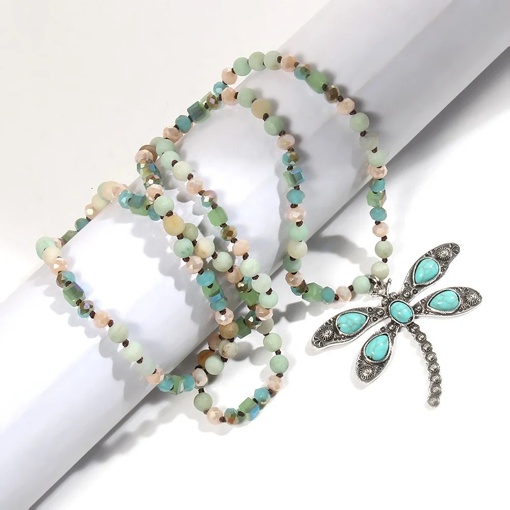 Western Jewelry Fashion Women Jewelry 6mm Natural Stone Glass Knot Necklace Turquoise Ancient Silver Dragonfly Pendant Necklace