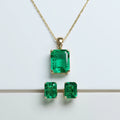 HQ GEMS 18 Inch Hydrothermal Emerald Stone Chain 14k Yellow Gold Pendant Necklace Jewelry Set