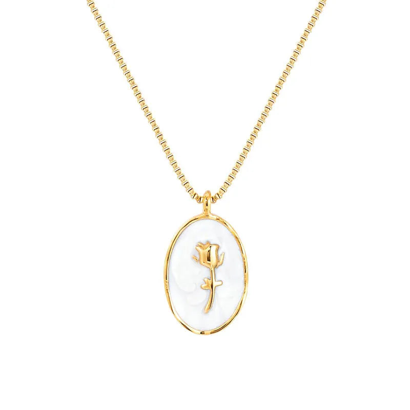 Exquisite Oval and Round Shell Flower Gold Plated Stainless Steel Rose Pendant Necklace for Women