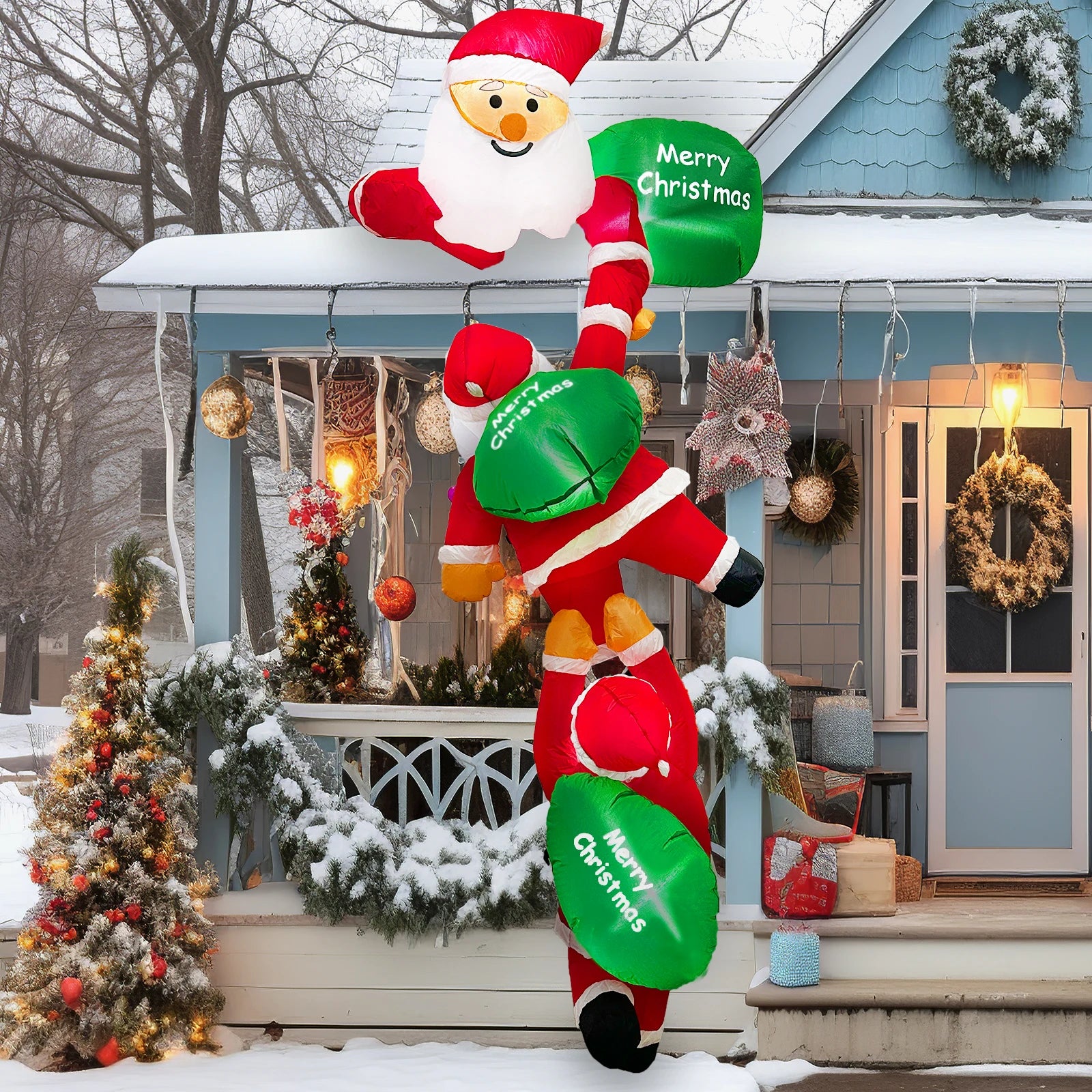 Ourwarm Christmas Inflatable Three People Climbing the Wall Outdoor  Inflatable  Decorations