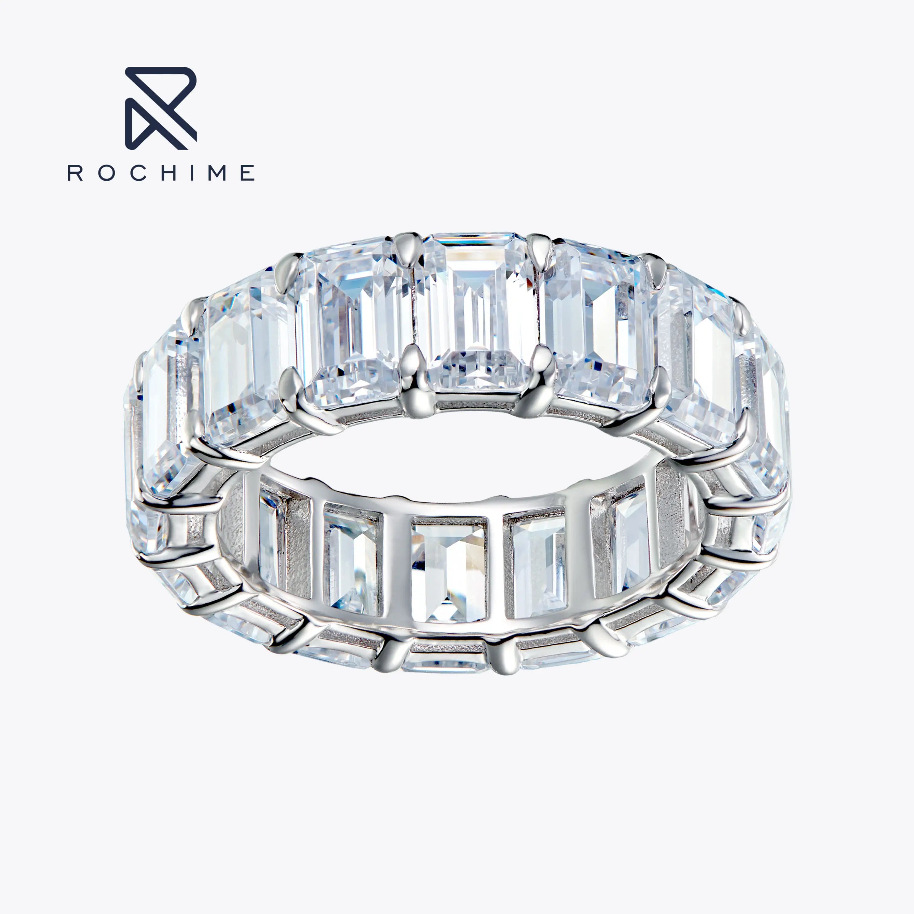 Rochime Prong Set Emerald Cut Wedding Band  S925 Silver Rhodium Plated  5a Zircon Rings for Women
