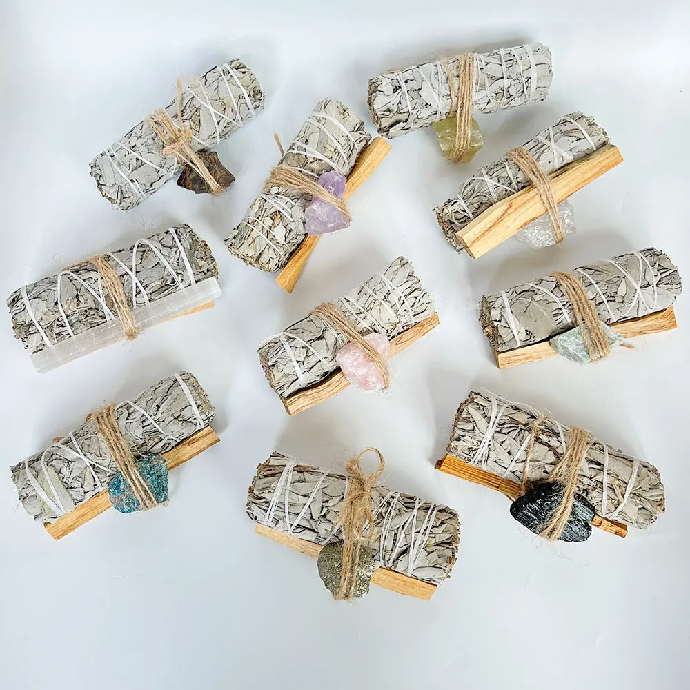 California Sage Smudge Kit With Palo Santo Crystal Healing Stone Incense Sticks Wand Sage for Cleansing House Negative Energy