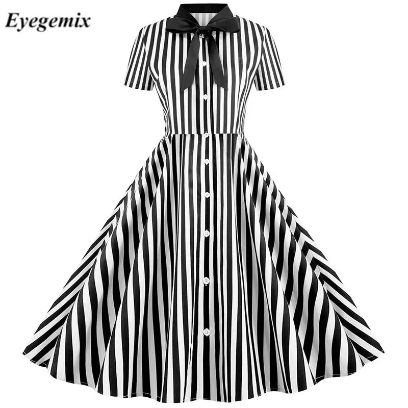 Summer Dresses Women Short Sleeve Striped Vintage Rockabilly Party Swing Elegant Ladies Office Work Dress Casual Vestidos