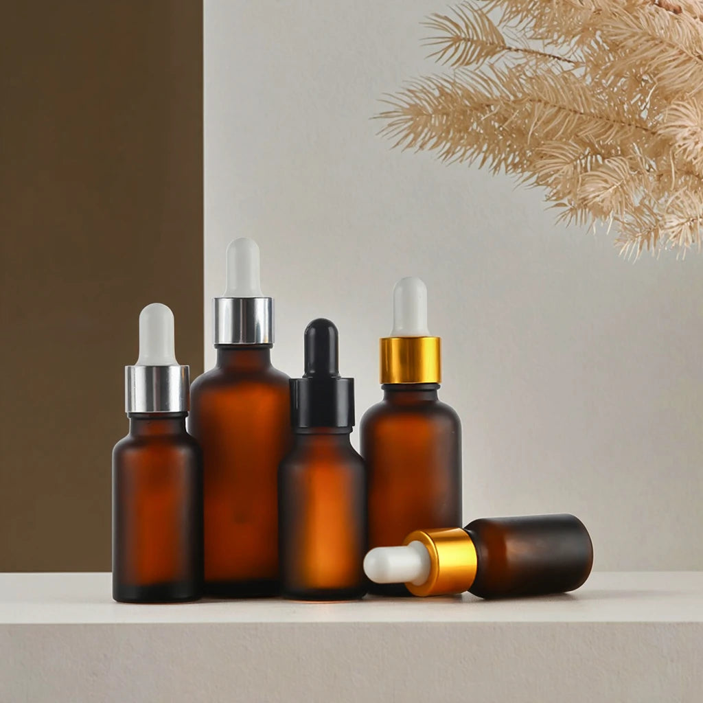 Essential Oil Bottle Frosted Black Amber 10ml 15ml 20ml 30ml Glass Dropper Bottle With Gold Dropper