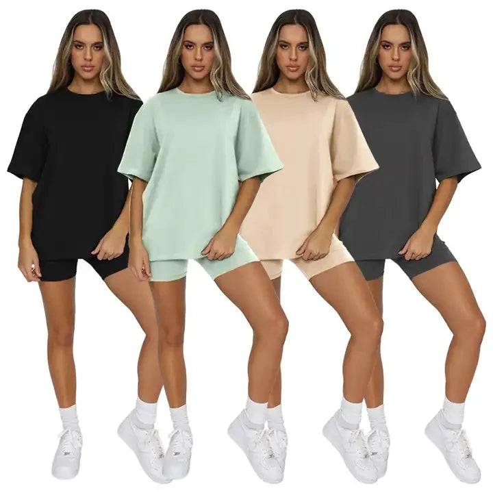 Shorts Set Women Custom logo Polyester Solid Color Streetwear Leisure Summer Bike Sport 2 Two Piece Set O Neck Women Set