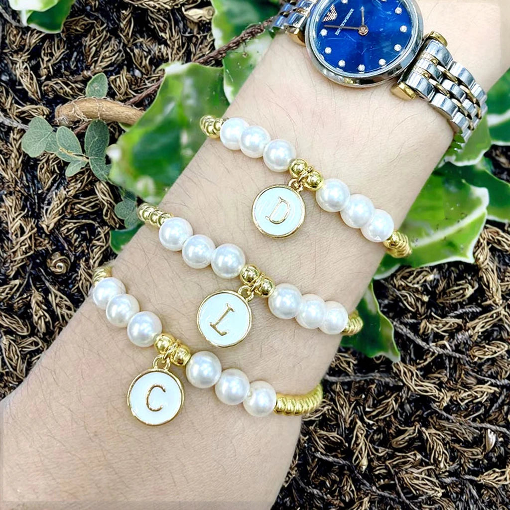 BC1349 Autumn Tiny Gold Ball and Shell Pearl Beaded  Enamel White Alphabet Initial Letter Charm Bracelet