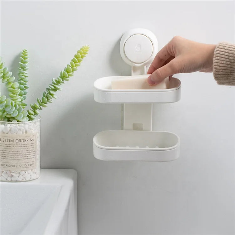Wall Mount Double Layer Vacuum Suction Cup Home Space Saving Dish Soap Holder for Bathroom Shower Sets