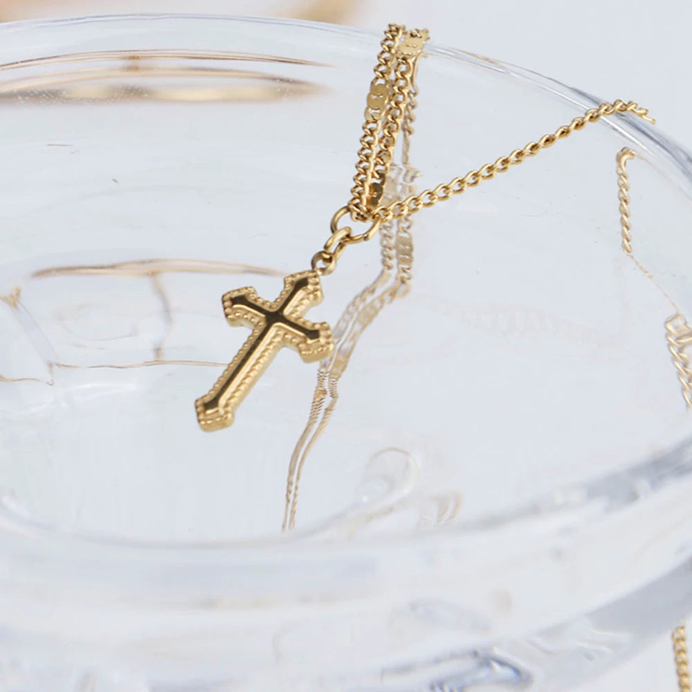 Chris April in Stock 18k PVD Gold Plated 316L Stainless Steel Vintage Double-layers Cross Pendant Charm Necklace