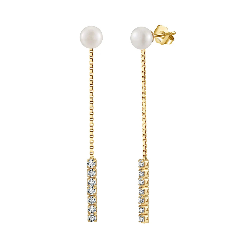 New Arrival Ladies Pearl Stud Earrings with Tassel Chain 14K Gold Plated 925 Sterling Silver Flower Shape Classic Style