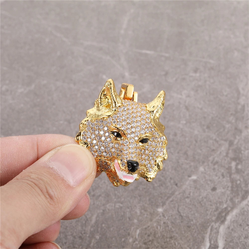 Hip-hop Wolf Brass Pendant Insert Zircon Necklace 18K Gold Plated Jewelry for Men