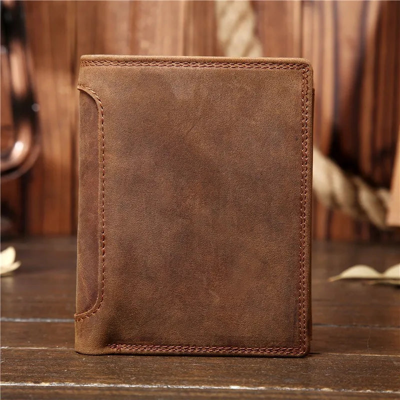 Custom Logo Vintage Men Top Layer Cow Leather Credit Cards Holder Zipper Wallet With Coins Purse
