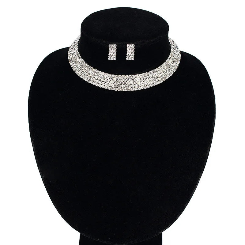Women's Vintage Crystal Rhinestone Jewelry Set Clavicle Chain Collar Necklace Earring Engagement Bridal Party Anniversary