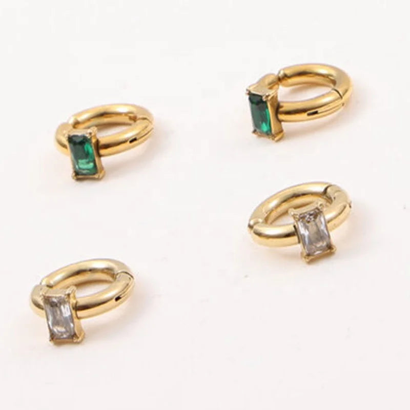 Ins Style 18k Gold Plated Stainless Steel Women Fashion Dainty Jewelry Open Duff Rectangle Cubic Zircon Hoop Earrings