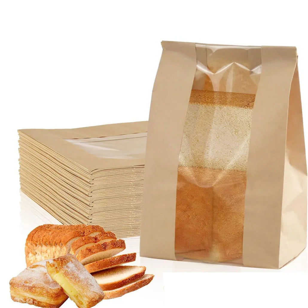 Eco Friendly Large Grease-Proof Bread Snack Kraft Paper Bag With Front Window for Bread Packaging