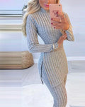 Women Winter 2pcs Suit Long Sleeve Ribbed Slit Long Top and High Waist Knitted Pencil Pants Set