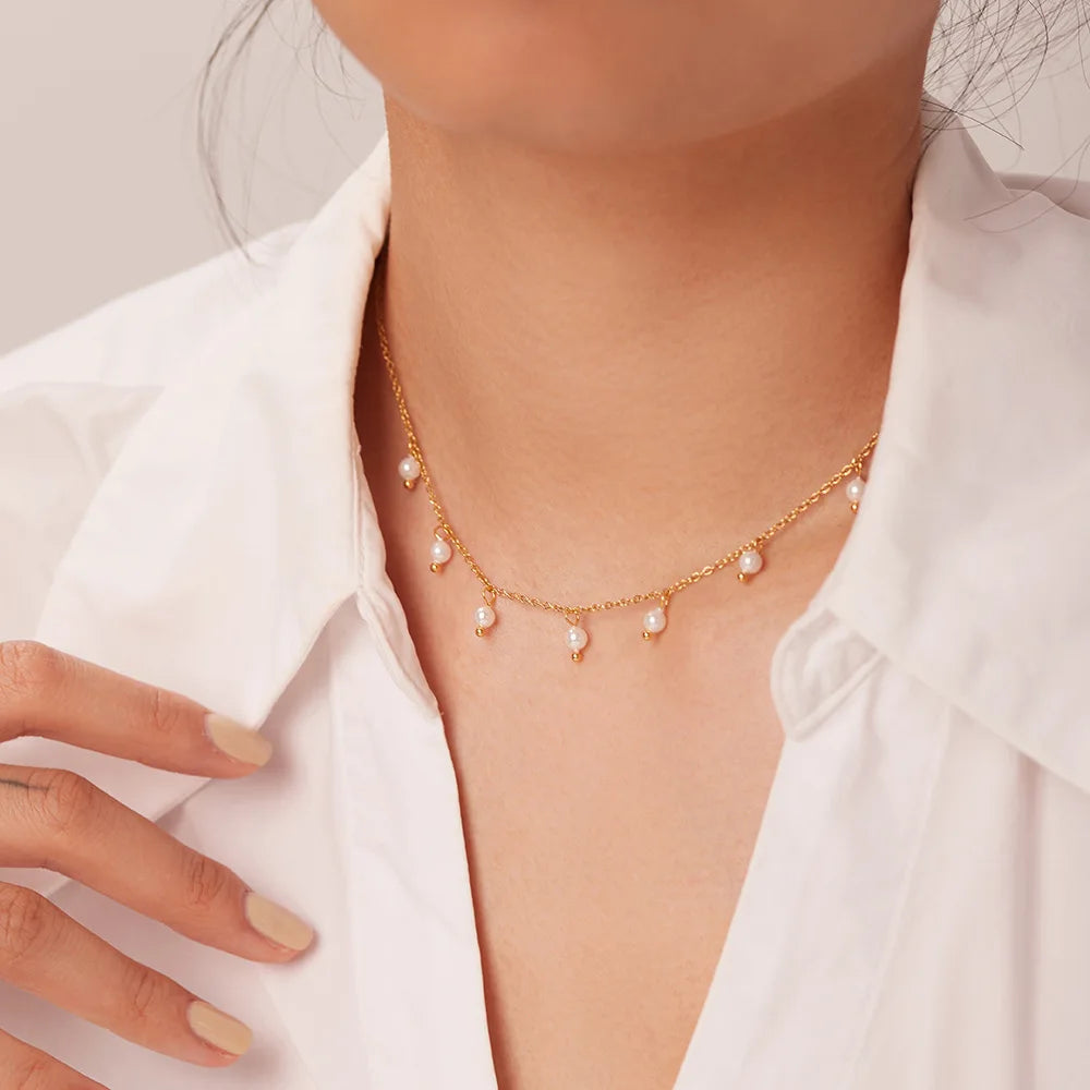 MJ Vintage Trendy Classic Fashionable Beaded Imitation Pearl Gold Plated Stainless Steel Charm Necklaces Jewelry