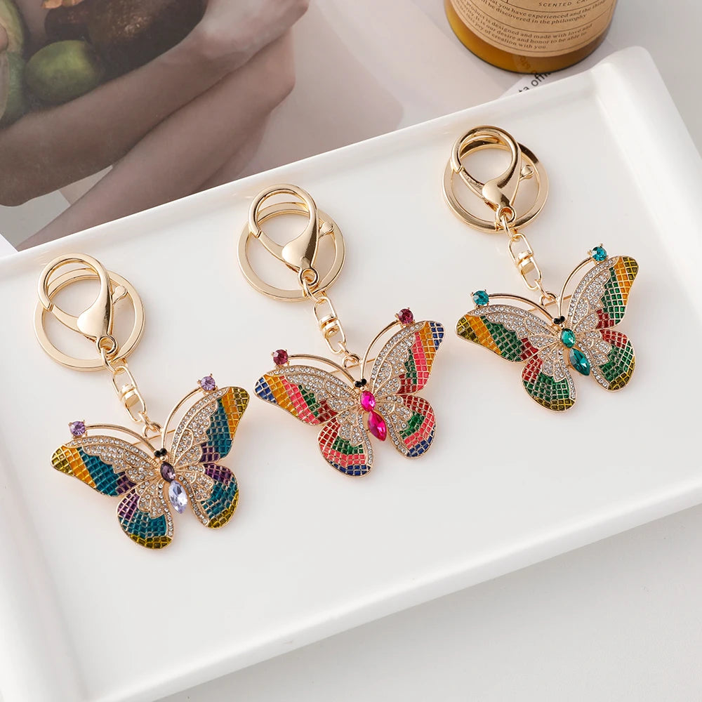 Trendy Oil Dripping Insect Butterfly Key Ring Colorful Enamel Rhinestone Butterfly Car Keychain for Lady