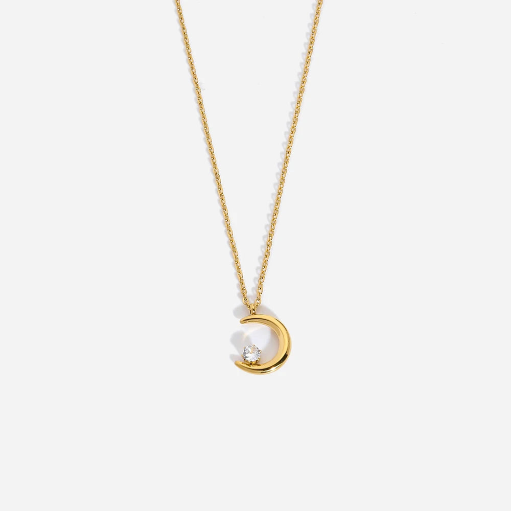2025 Simple Daily Wear Zircon Charm Titanium 18k Gold Plated Link Chain Moon Pendant Necklace for Women Trendy Jewelry Gift