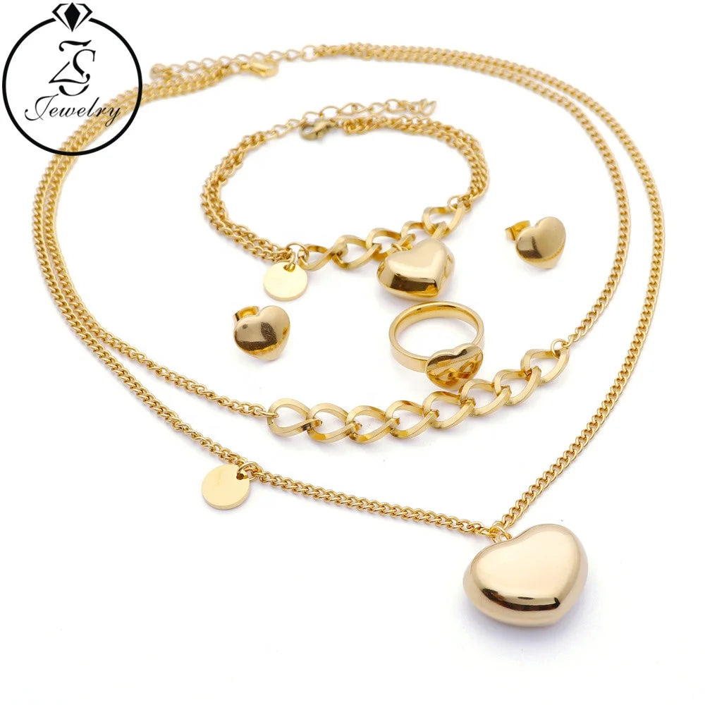 Gold Plated Heart Earrings Necklace Bracelet Set 18K Gold Heart Necklace Stainless Steel 18K Ring Set for Women for Gifts