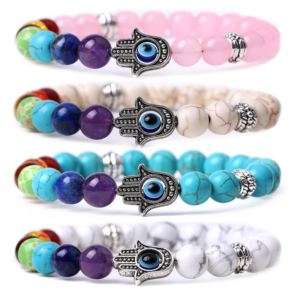 Hamsa Hand Blue Eye  Beaded Bracelet - Natural Stone Chakra Healing Jewelry for Women & Men Crystal Bracelet