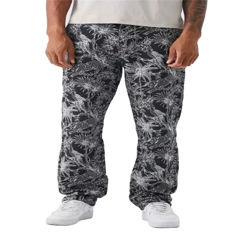 KY All Over Silk Screen Printing Floral Print 100%cotton Fabric Flowy Pants Trousers for Men Fabric Straight Leg Pants