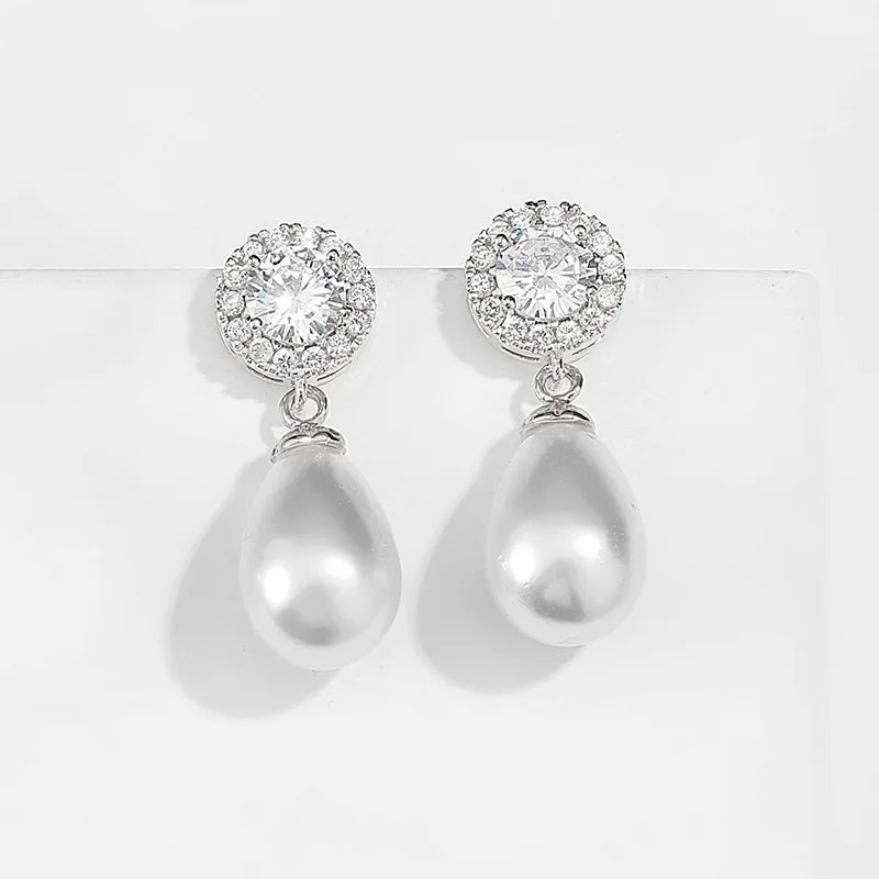 SLBRIDAL Ins Style Fashion CZ Crystal Pearls Girls Drop Earrings Trendy Cubic Zircon Women Earrings Bridal Wedding Drop Earrings
