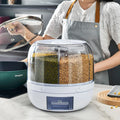 Food Grain Storage Container Large Capacity 6-Grid Rice Dispenser 10kg Rotatable Sealed Grain Food Storage Box Rice Bucket