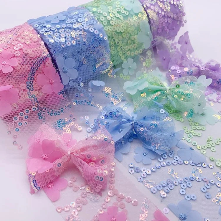 New Arrival 8cm Garment Accessory Blue Pink Floral Sequin Lace Trimming for Garments Hair Accessory