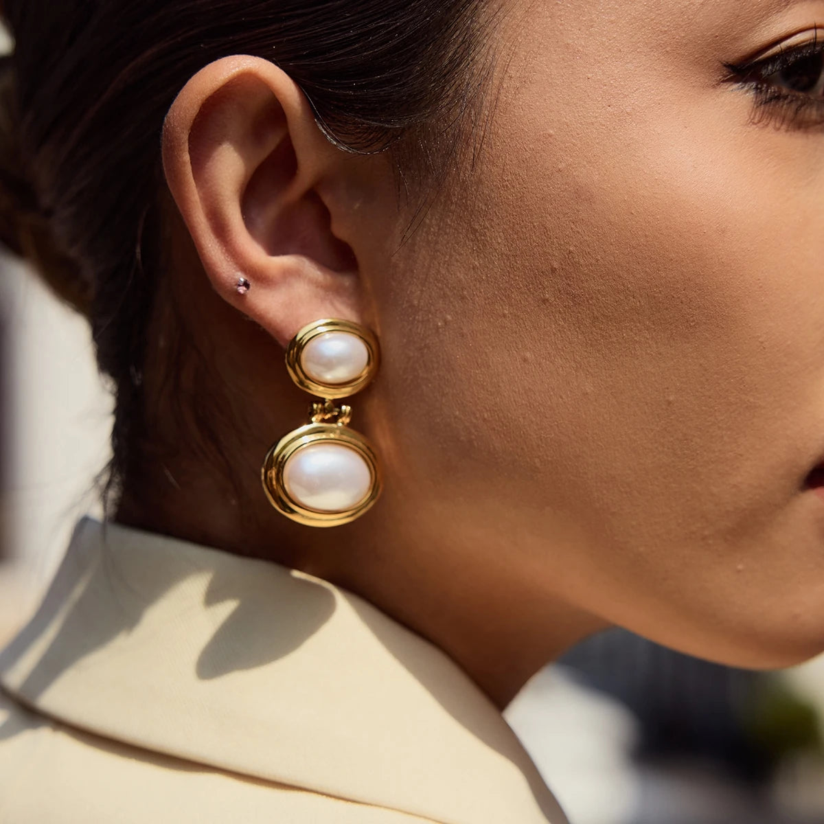 J&D Fashion 18K PVD Gold Plating Stainless Steel Resin Pearl Double Oval Drop Post Earrings