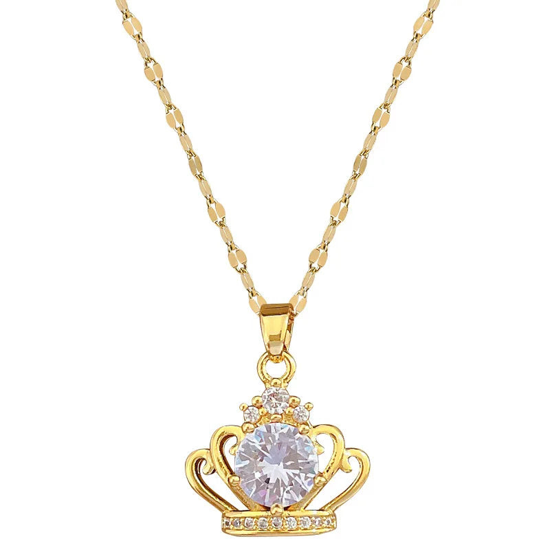 Ins Gold Plated Stainless Steel Link Chain Crown Necklace Bling Crystal Zircon CZ Crown Choker Necklace Dainty Jewelry