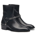 Stylish Men's Cowhide Ankle Boots Zipper Chelsea Shoes Decorative Buckle Metal Chain Black Casual Boots Waterproof Pointed Toe