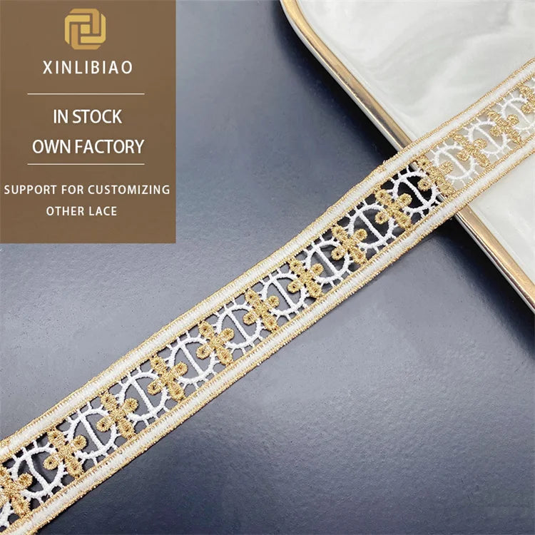 Embroidered Gold Water Soluble Lace Trim with Hollowed Flowers and Sequins for Children's Dresses and Bag Decorations