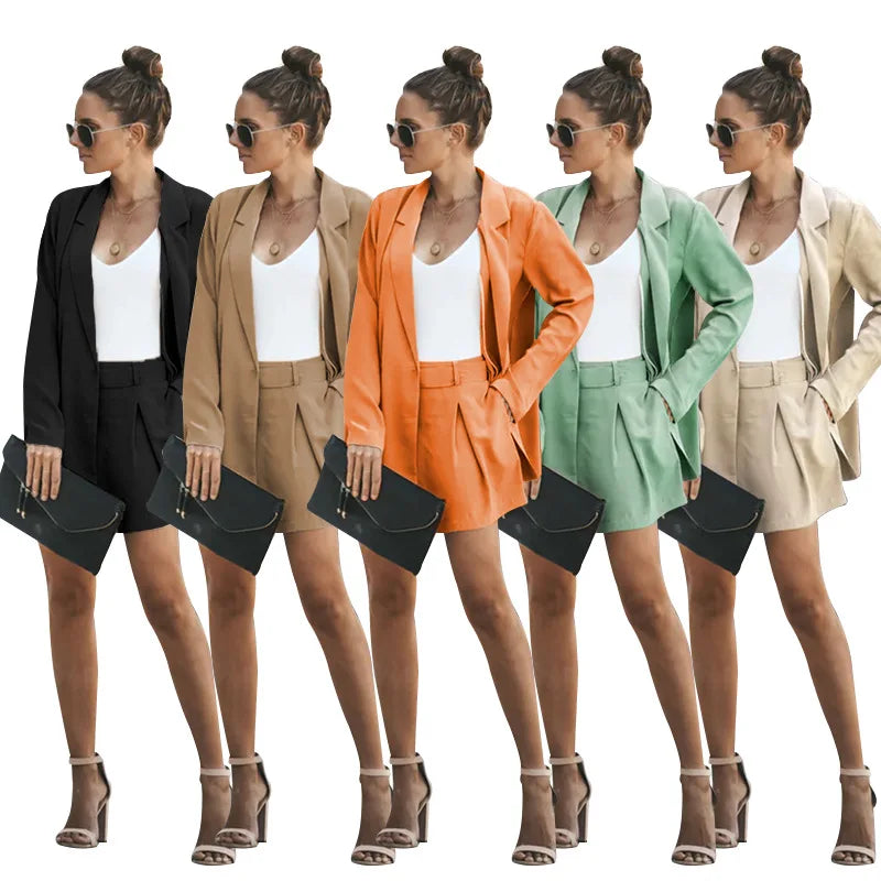 Women Jacket Shorts Set Custom Logo Two Piece Set Plain Business Suit Casual Women Clothing