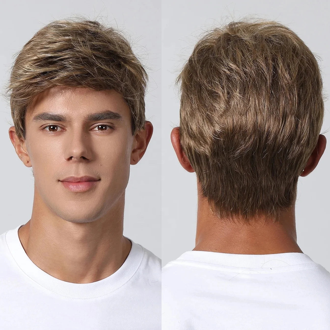 Fast Delivery Short Brown Men's Wigs Synthetic Layered Pixie Cut Hair Wigs for Men Male Natural Fluffy Cosplay Party Daily Wig