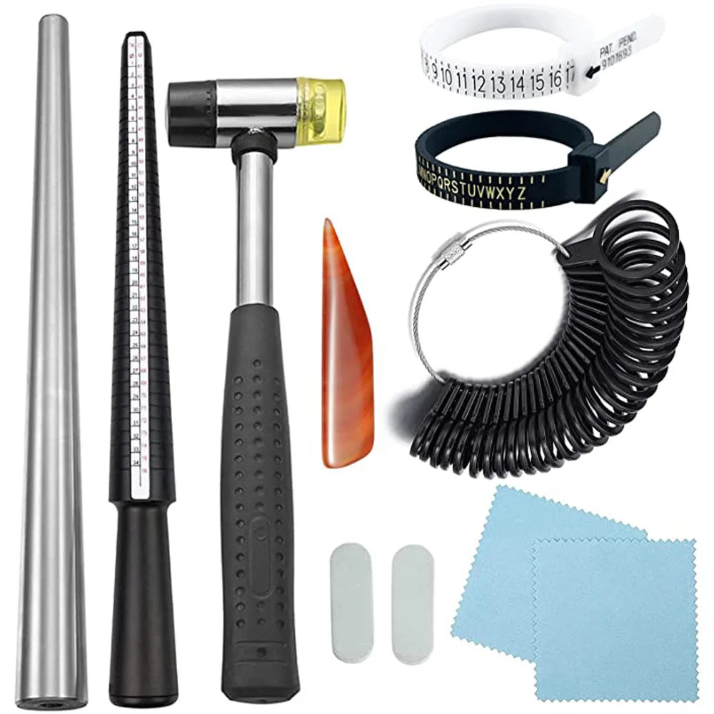 US & UK Mandrel Sets with Half Measuring Ring Sizer Metal Ring Adjustment Stick & Hammer for Ring Making & Polishing Tool Set