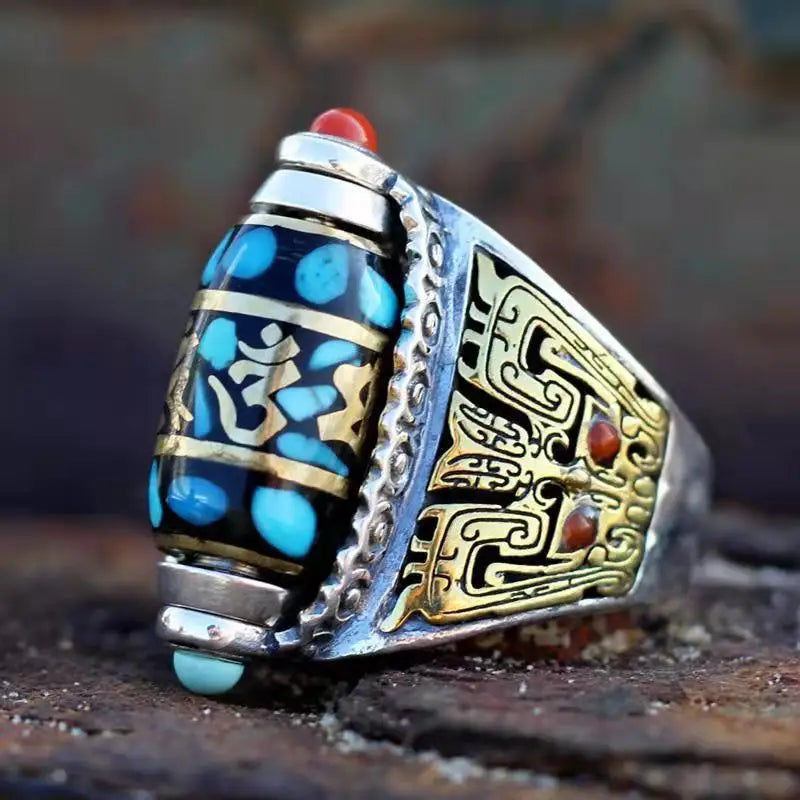 Artisan-Crafted Retro Nine-Eyed Dzi Bead Ring With Six Auspicious Words Vintage Imperial Style for Men & Women
