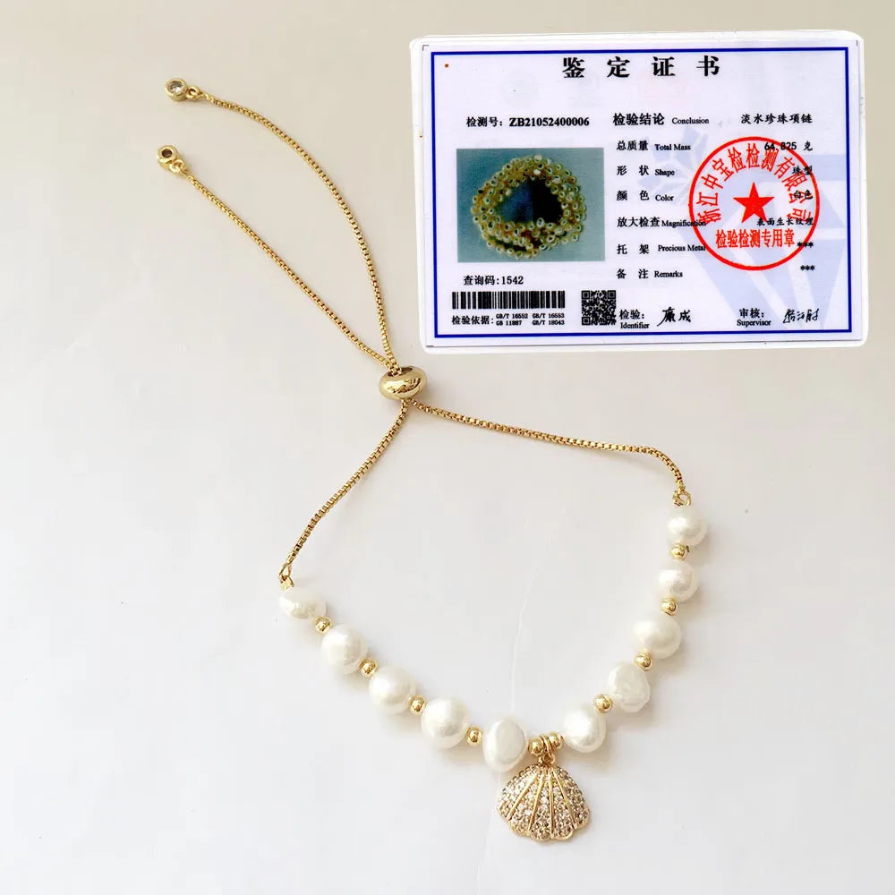 New Fashion Shell Charm Nature Freshwater Pearl Adjustable Bracelet 7 mm Baroque Pearl15-55 cm
