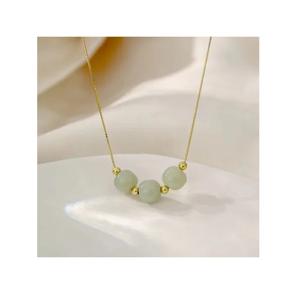 Stainless Steel Three Green Jade Crystal Stone Pendant Necklace for Women Gemstone Fashion Jewelry