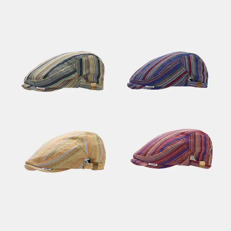 Literary Retro Striped Ivy Hat Men Fall New National Style Fashion Reverse Wear Flat Top Ivy Hat