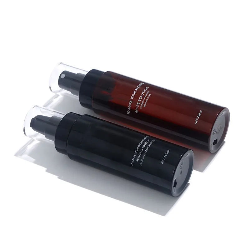 Custom logo Frosted PET Flat Bottle 100ml 120ml 150ml 200ml Bottle Cosmetic Gold Pump Black Brown Pump and Spray Bottle