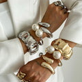 New Arrival Irregular Pleated Chunky Drop Bracelet Set Fashion Cuff Cross Pearl Bangle for Women