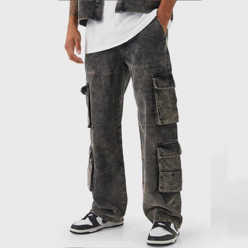 Custom 100% Cotton Relaxed Fit Elastic Waist Corduroy Baggy Multi Pocket Acid Wash Cord Cargo Pants Mens