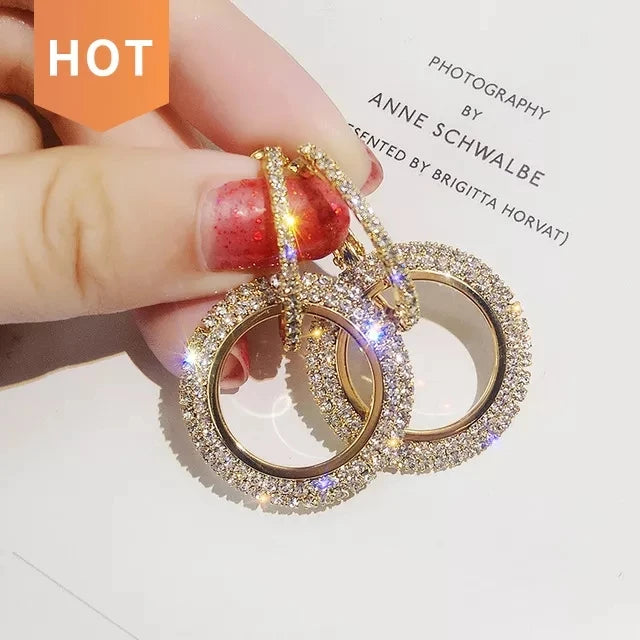 ZF Trendy Fashion Jewelry Gold Plated Elegant Diamond Shiny Drop Double Hoop Circle Rhinestone Earrings for Women